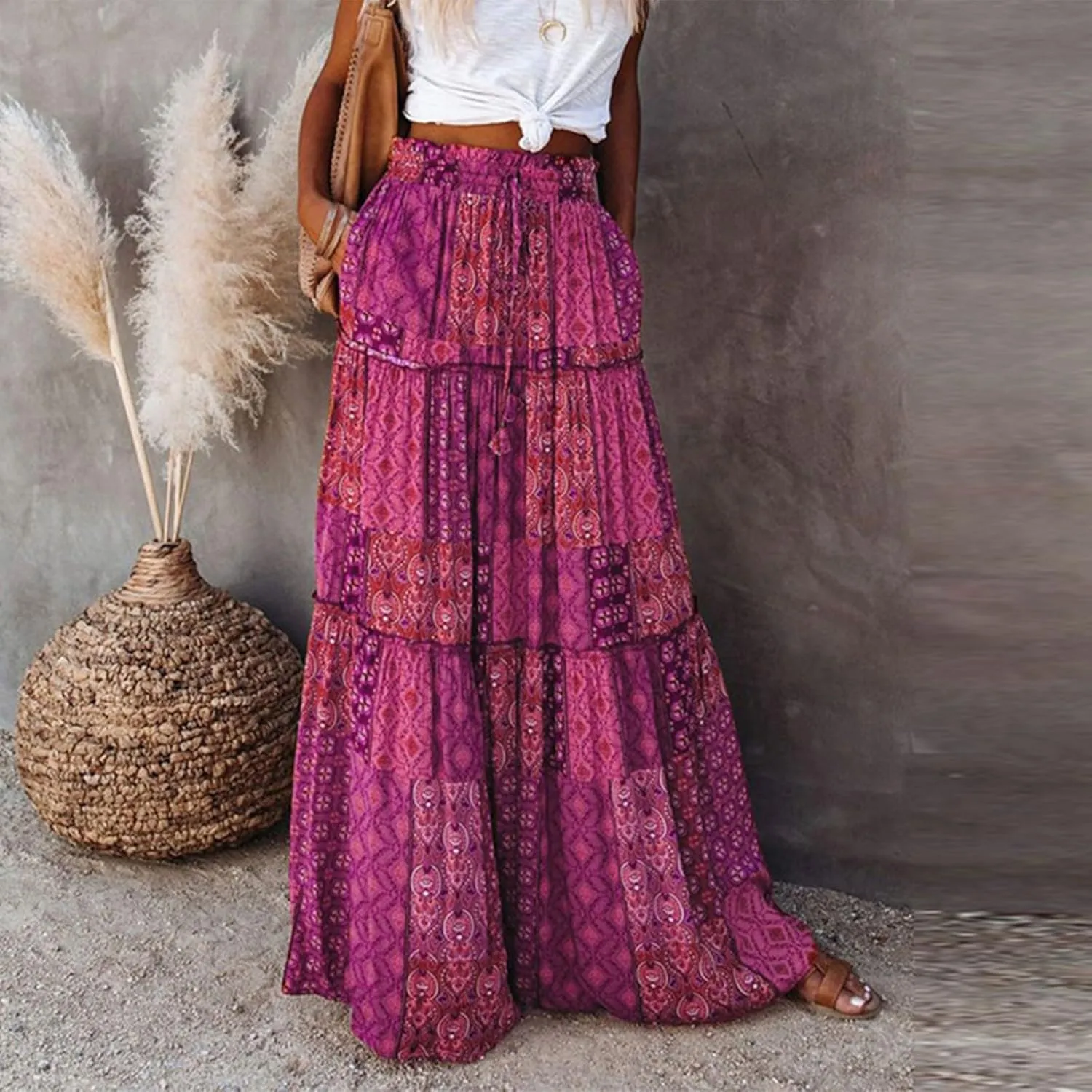 Boho Maxi Skirts for Women 2025 Ruffle Tiered Pleated Long Flowy Skirts Elastic High Waisted Swing Summer Beach Skirt