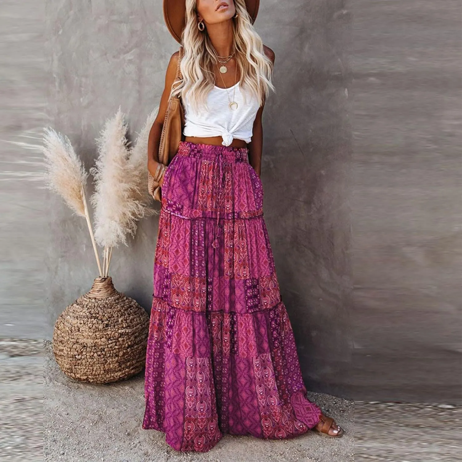 Boho Maxi Skirts for Women 2025 Ruffle Tiered Pleated Long Flowy Skirts Elastic High Waisted Swing Summer Beach Skirt