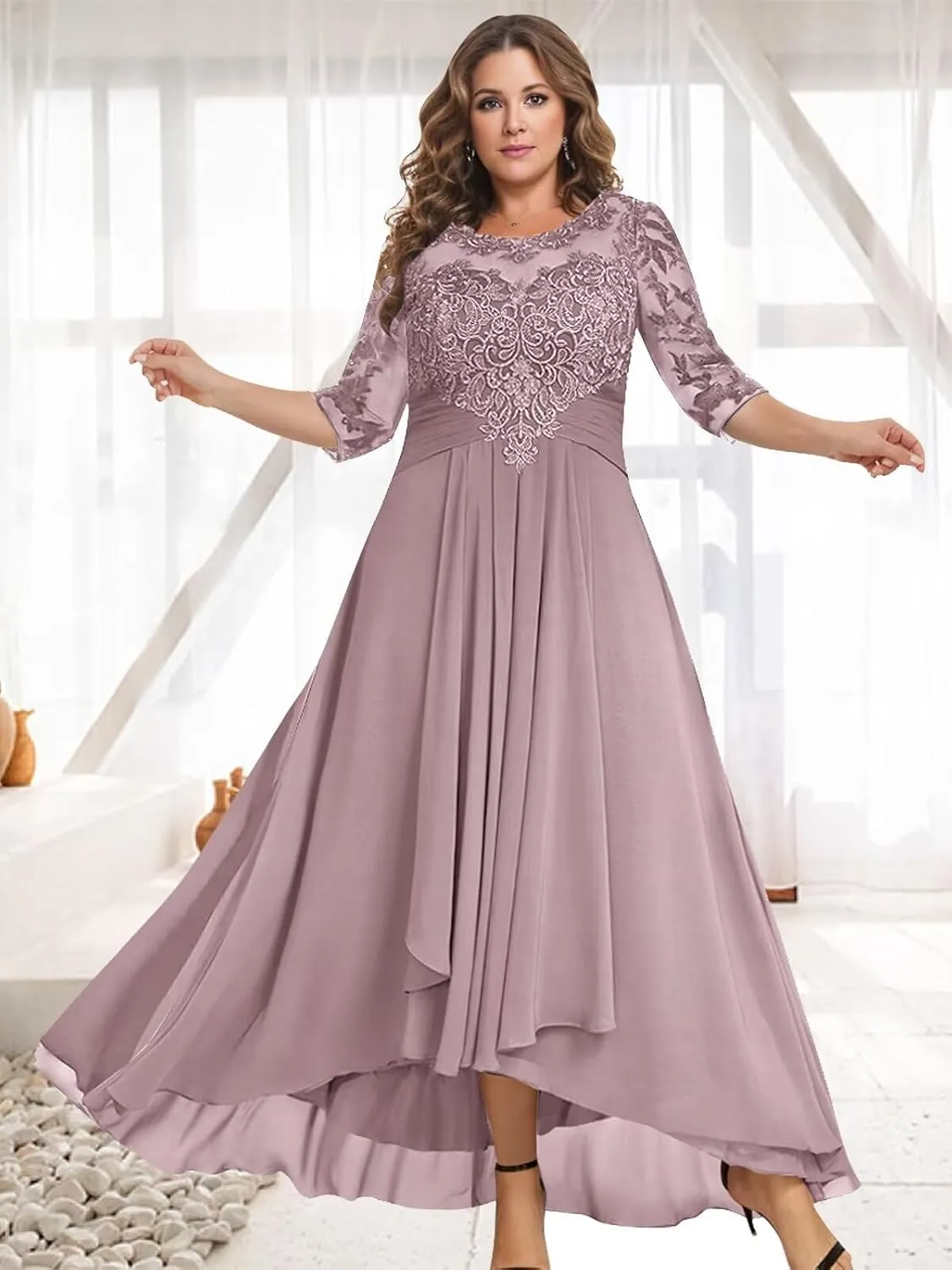 BONOYUER Tea Length Mother of The Bride Dresses for Women A Line Chiffon High Low Formal Evening Gown with Sleeves