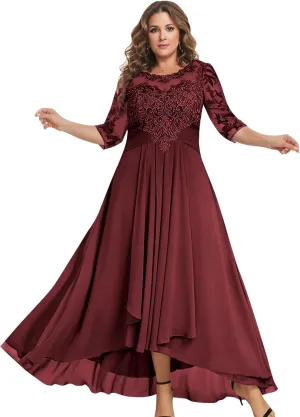 BONOYUER Tea Length Mother of The Bride Dresses for Women A Line Chiffon High Low Formal Evening Gown with Sleeves