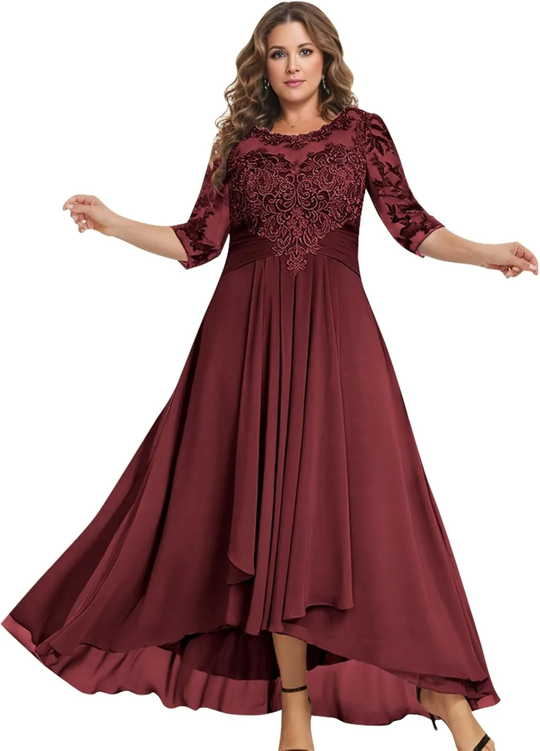 BONOYUER Tea Length Mother of The Bride Dresses for Women A Line Chiffon High Low Formal Evening Gown with Sleeves