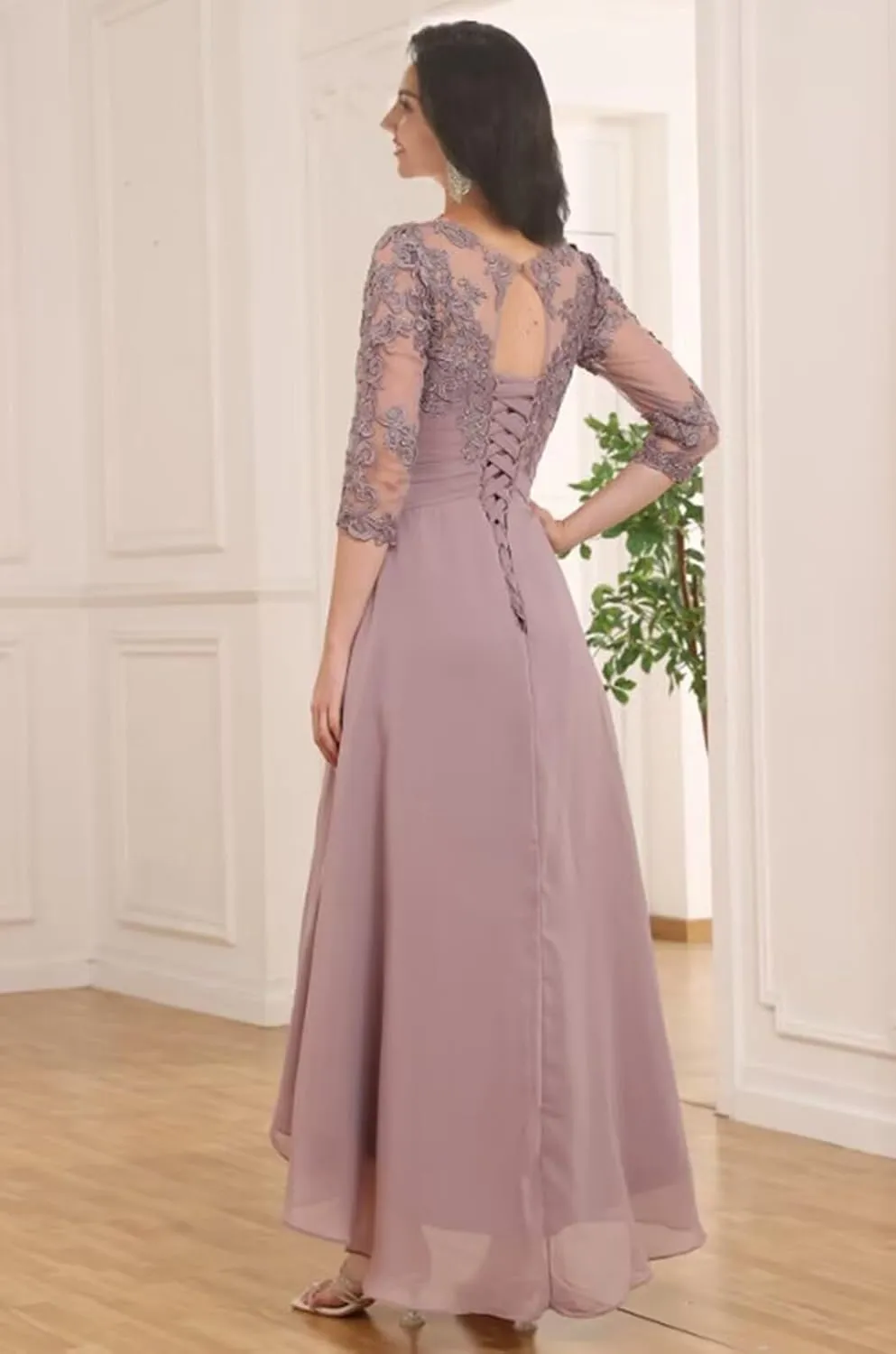 BONOYUER Tea Length Mother of The Bride Dresses for Women A Line Chiffon High Low Formal Evening Gown with Sleeves