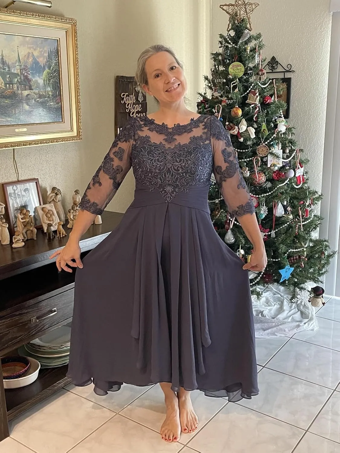 BONOYUER Tea Length Mother of The Bride Dresses for Women A Line Chiffon High Low Formal Evening Gown with Sleeves