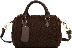 Boston Bag, Leather Shoulder Bag for Women PU Fluffy Furry Boston Barrel Bag Zipper Top Handle Bag Satchel Purse