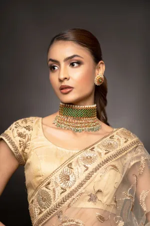 Bridal Green & Red Kundan Neckhugging Choker Set with Earrings