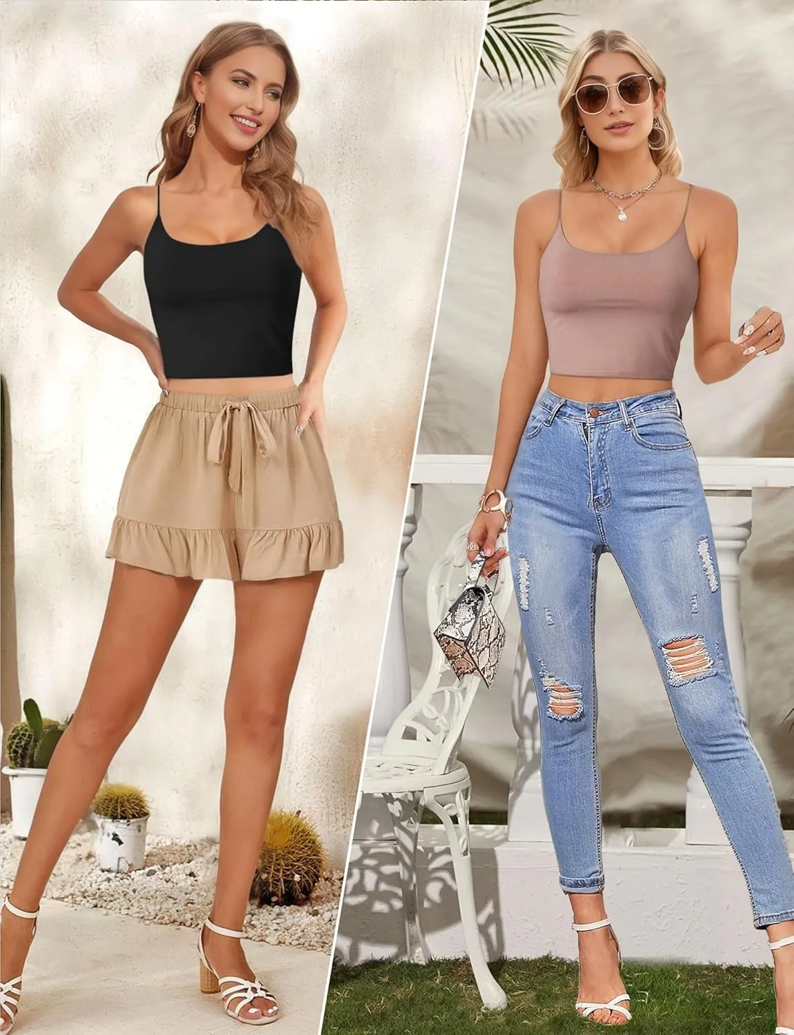 Buauty 2 & 4 Packs Crop Tank Top for Women, Basic Solid Cropped Double Layer Spaghetti Strap Short Sleeveless Camisole