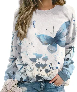 Butterfly Graphic Crewneck Sweatshirt for Women Floral Vintage Long Sleeve Fall Clothes Fashion 2024 Pullover Tops