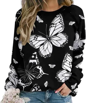 Butterfly Graphic Crewneck Sweatshirt for Women Floral Vintage Long Sleeve Fall Clothes Fashion 2024 Pullover Tops