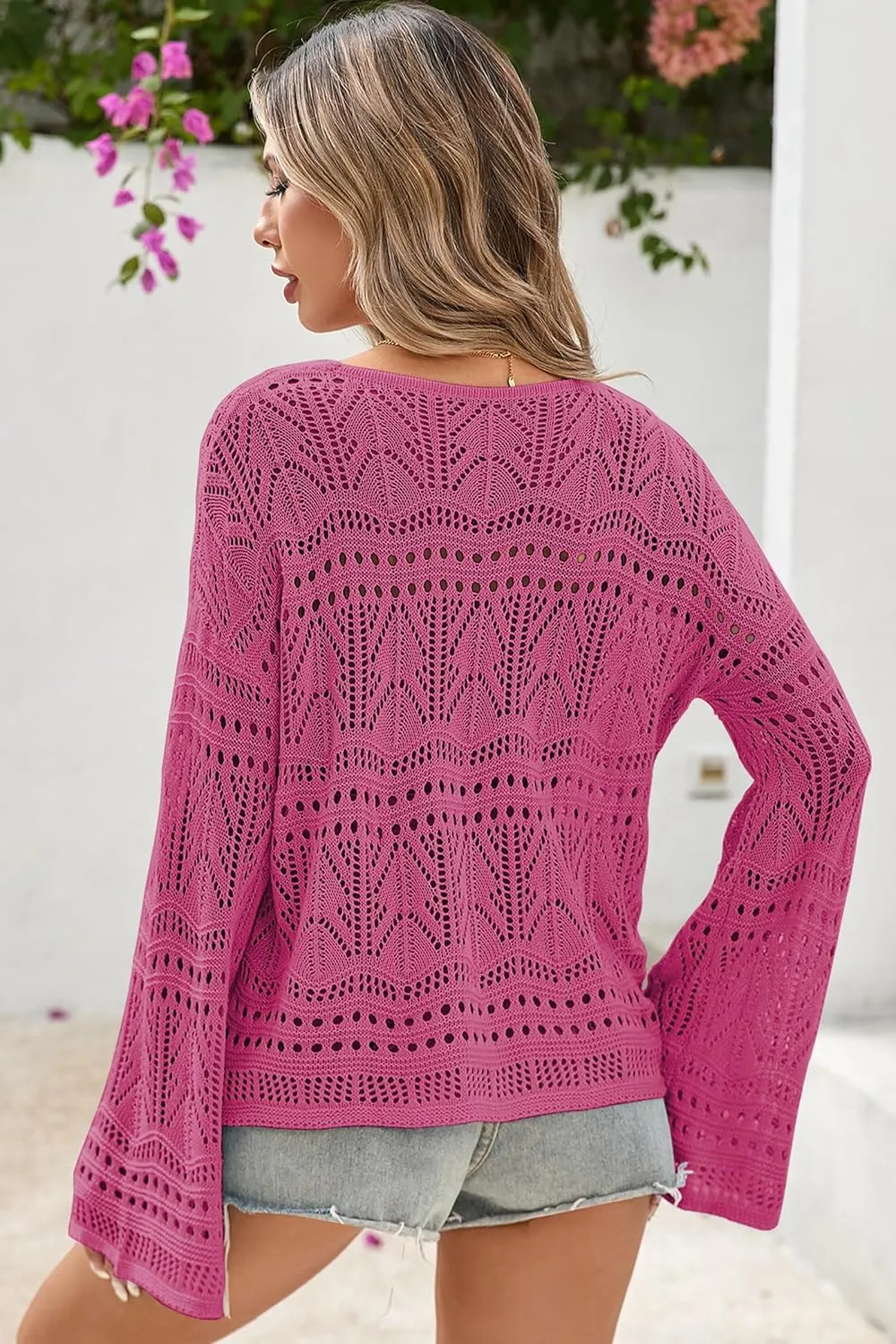 Cakulo Womens Spring Summer Crochet Bell Sleeve Tops Off The Shoulder Knit Sweater Top Beach Cover Up