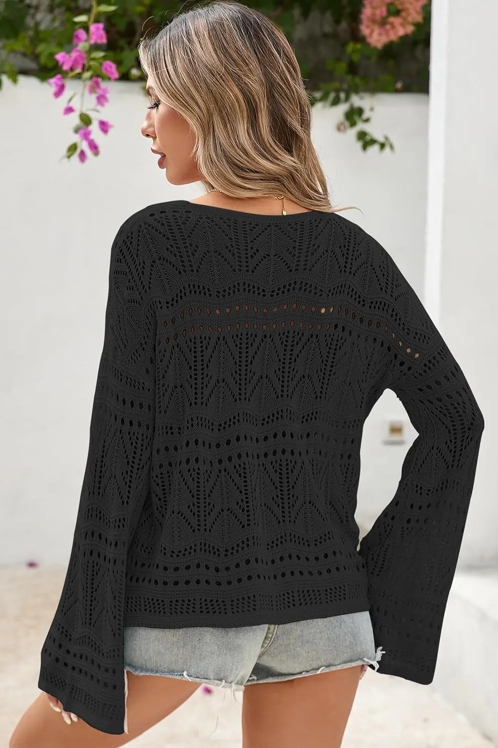 Cakulo Womens Spring Summer Crochet Bell Sleeve Tops Off The Shoulder Knit Sweater Top Beach Cover Up