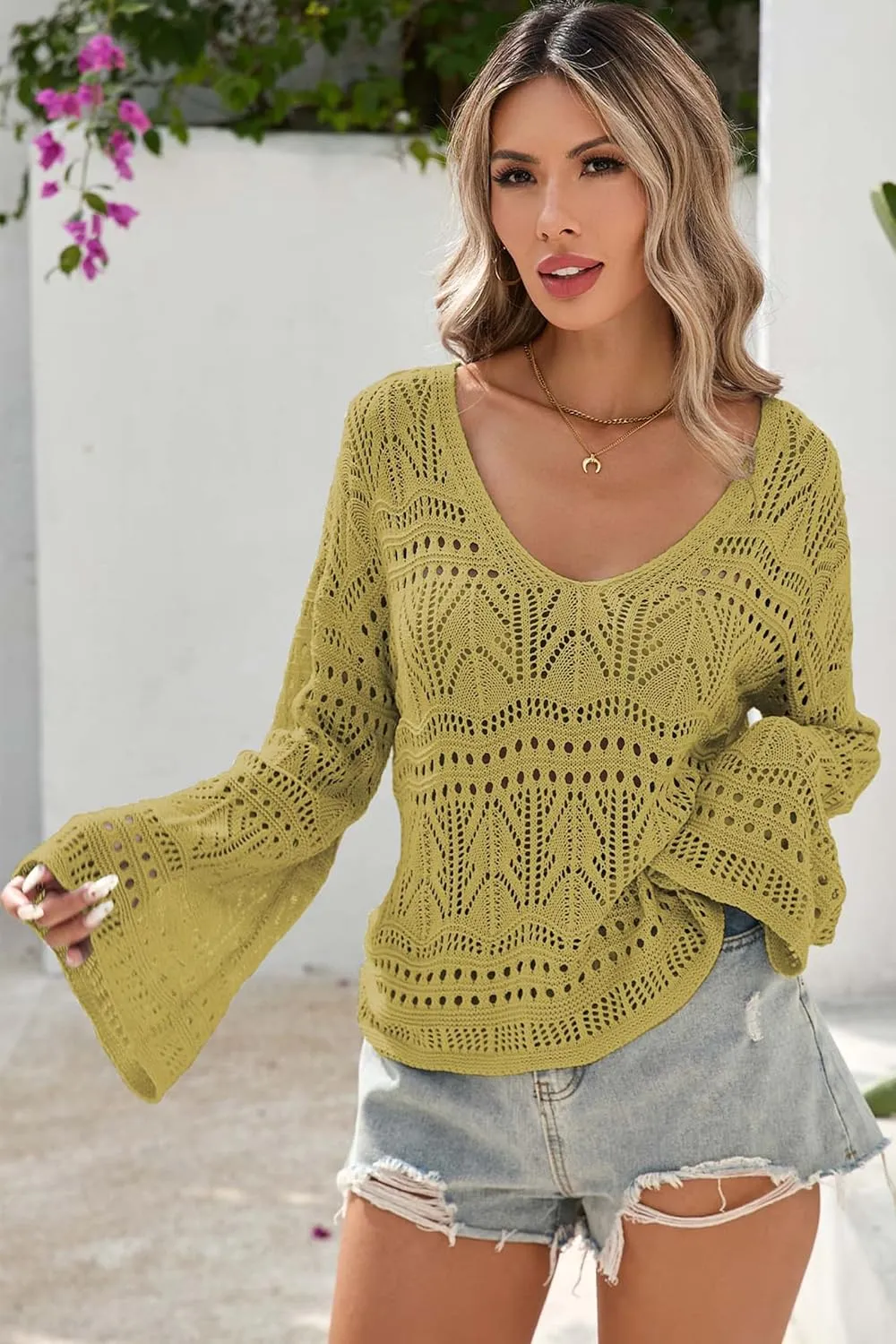 Cakulo Womens Spring Summer Crochet Bell Sleeve Tops Off The Shoulder Knit Sweater Top Beach Cover Up