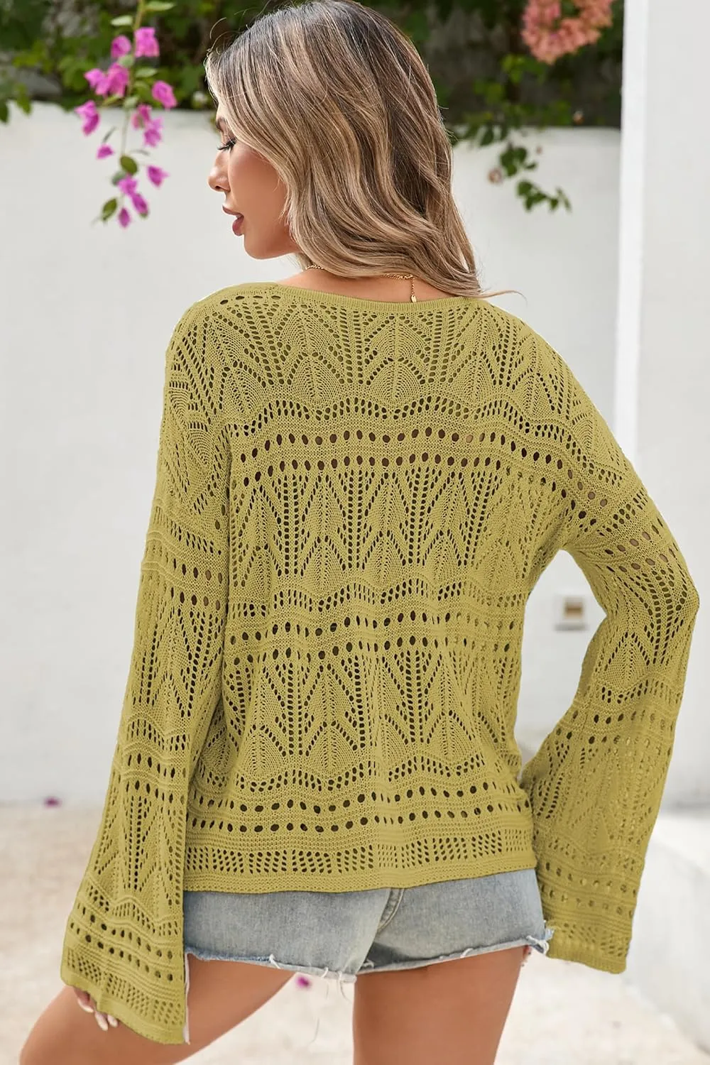 Cakulo Womens Spring Summer Crochet Bell Sleeve Tops Off The Shoulder Knit Sweater Top Beach Cover Up
