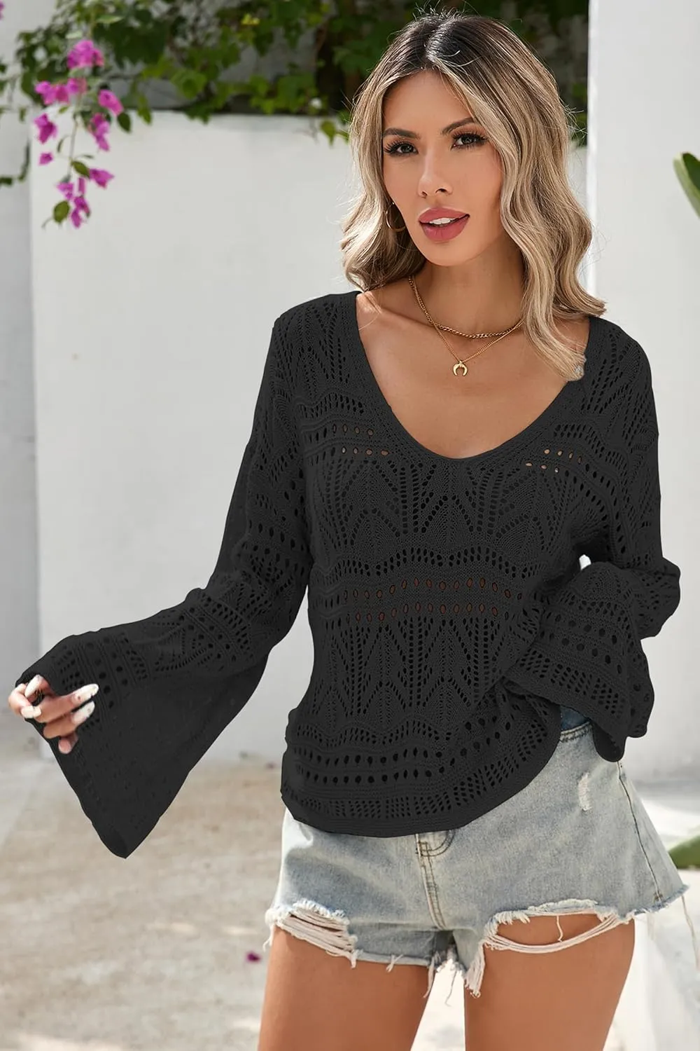 Cakulo Womens Spring Summer Crochet Bell Sleeve Tops Off The Shoulder Knit Sweater Top Beach Cover Up