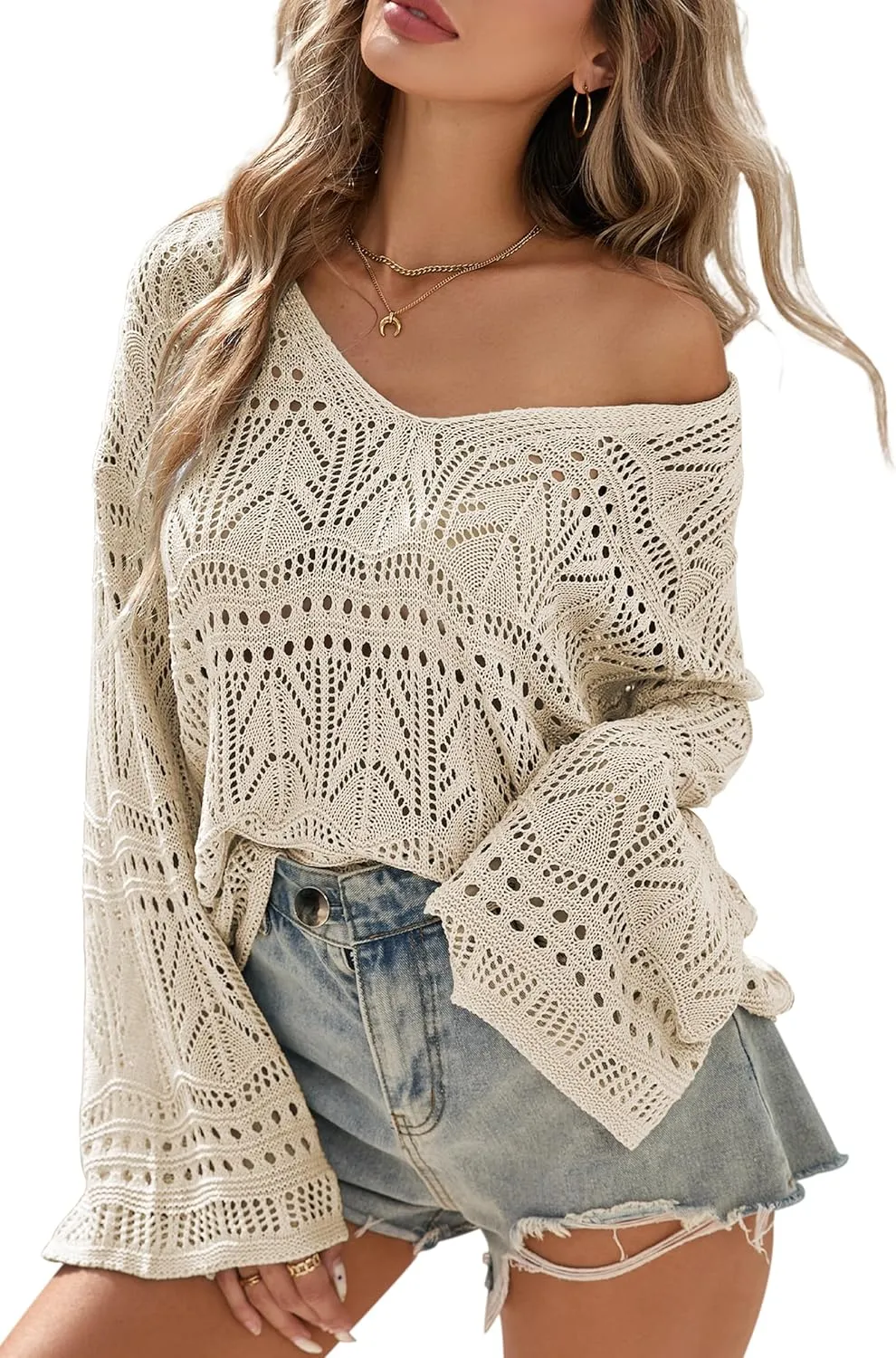 Cakulo Womens Spring Summer Crochet Bell Sleeve Tops Off The Shoulder Knit Sweater Top Beach Cover Up