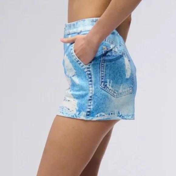 Callie Lives Graphic Denim High Waist Blue & White Shorts L