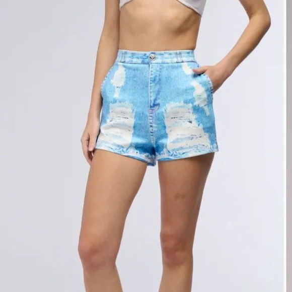 Callie Lives Graphic Denim High Waist Blue & White Shorts L