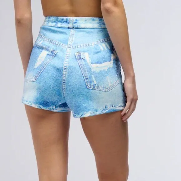 Callie Lives Graphic Denim High Waist Blue & White Shorts L