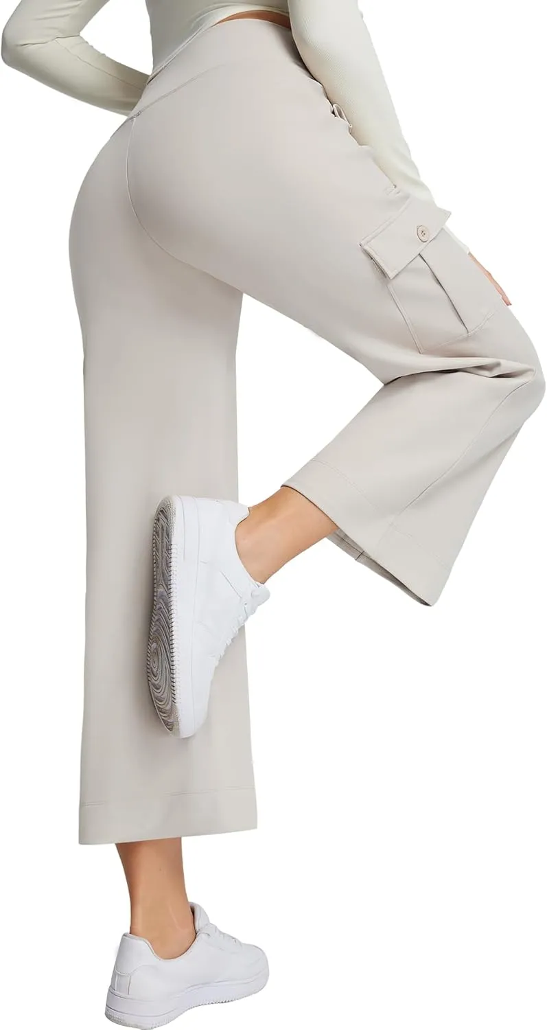 Casei Wide Leg Cropped Pants for Women with Cargo Pockets Fleece Lined High Waist Sweatpants for Yoga Work Petite/Regular