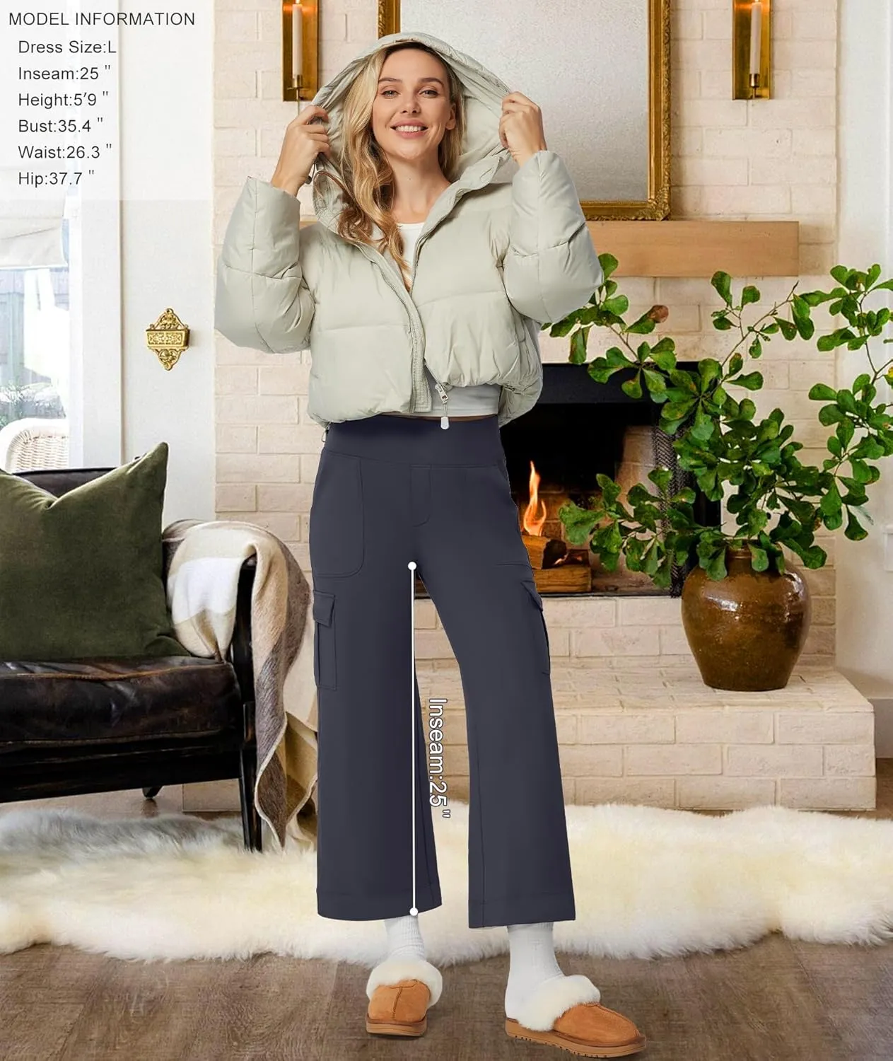 Casei Wide Leg Cropped Pants for Women with Cargo Pockets Fleece Lined High Waist Sweatpants for Yoga Work Petite/Regular