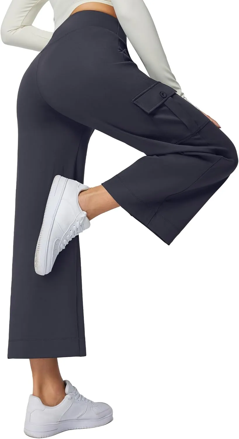 Casei Wide Leg Cropped Pants for Women with Cargo Pockets Fleece Lined High Waist Sweatpants for Yoga Work Petite/Regular