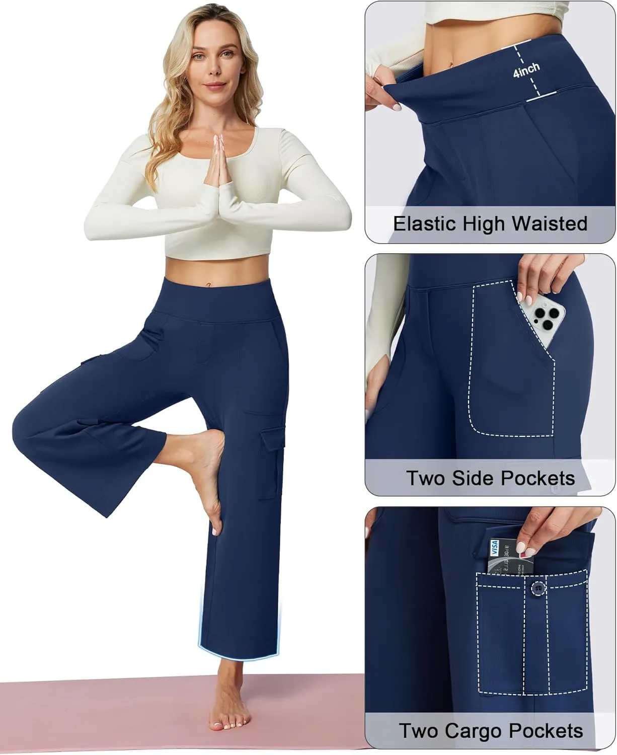 Casei Wide Leg Cropped Pants for Women with Cargo Pockets Fleece Lined High Waist Sweatpants for Yoga Work Petite/Regular