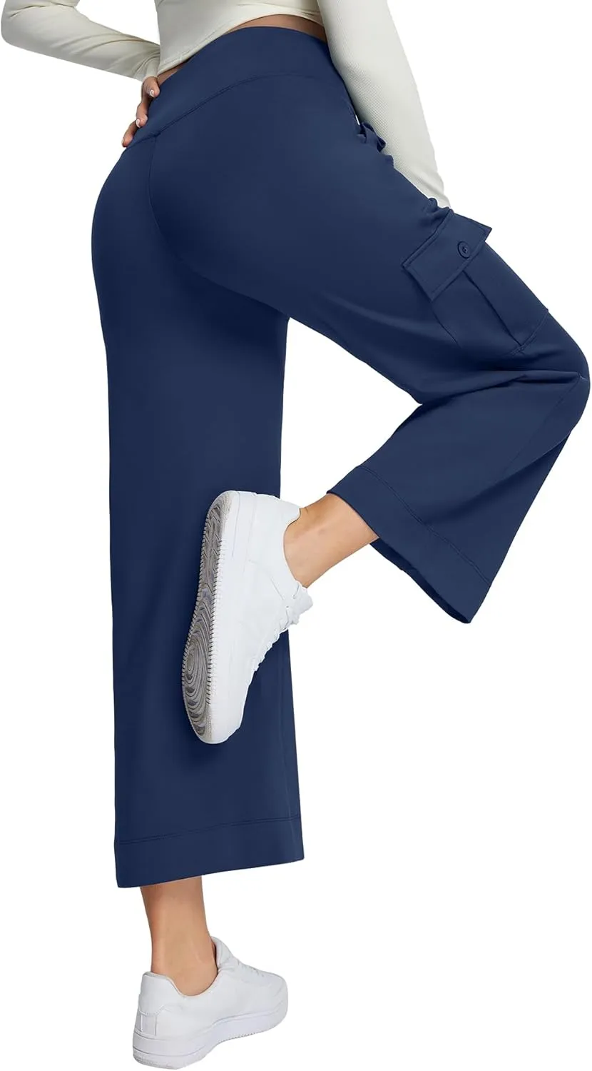 Casei Wide Leg Cropped Pants for Women with Cargo Pockets Fleece Lined High Waist Sweatpants for Yoga Work Petite/Regular