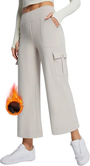 Casei Wide Leg Cropped Pants for Women with Cargo Pockets Fleece Lined High Waist Sweatpants for Yoga Work Petite/Regular
