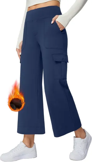 Casei Wide Leg Cropped Pants for Women with Cargo Pockets Fleece Lined High Waist Sweatpants for Yoga Work Petite/Regular