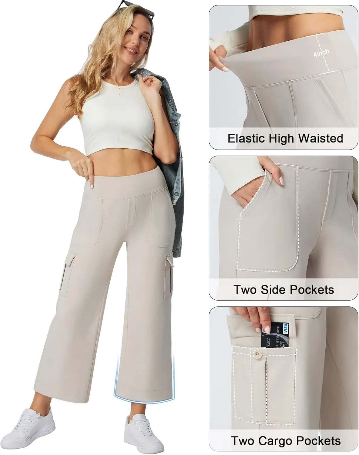 Casei Wide Leg Cropped Pants for Women with Cargo Pockets Fleece Lined High Waist Sweatpants for Yoga Work Petite/Regular