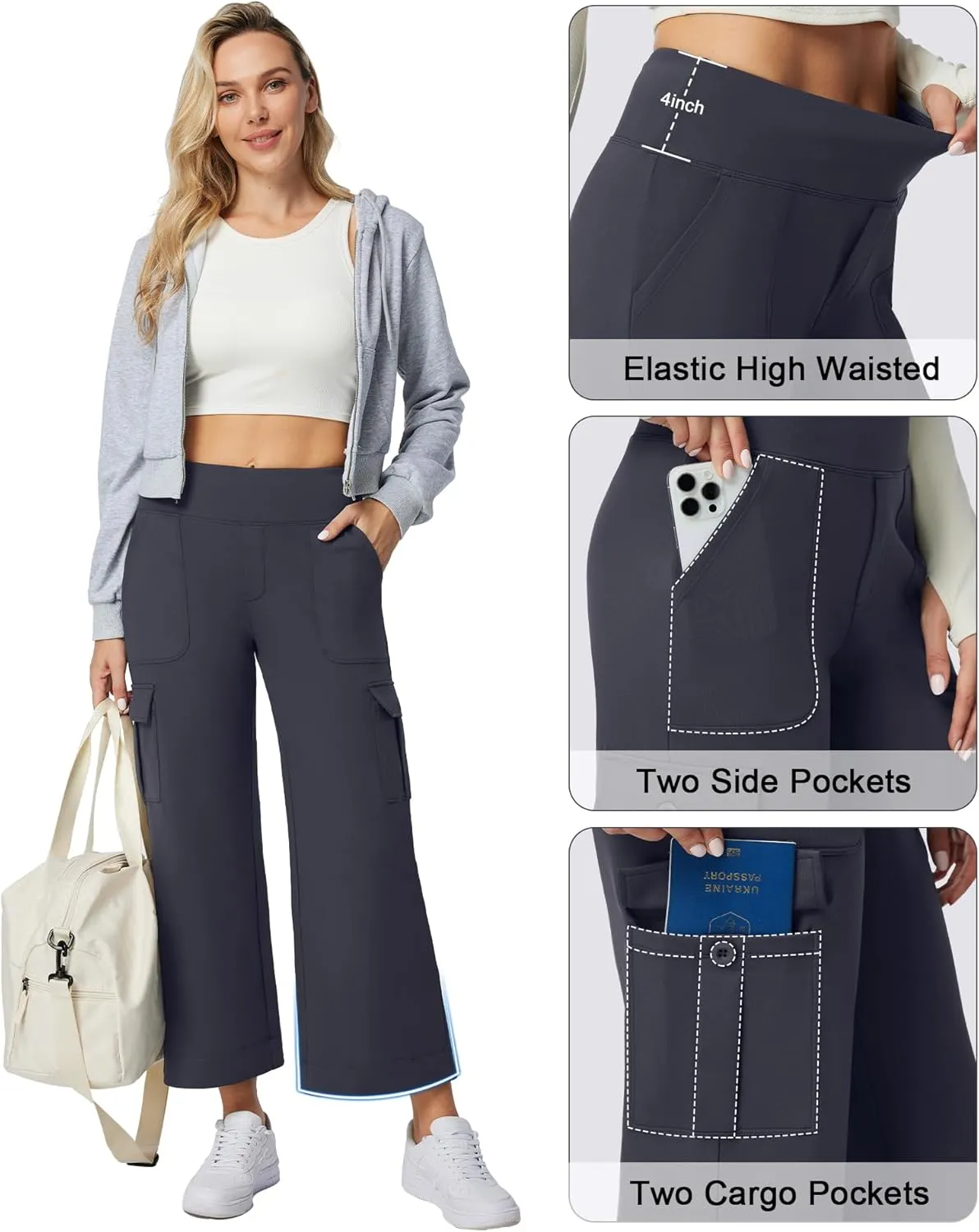 Casei Wide Leg Cropped Pants for Women with Cargo Pockets Fleece Lined High Waist Sweatpants for Yoga Work Petite/Regular