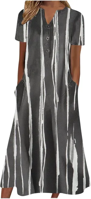 Casual Summer Dresses for Women 2024 Floral Boho Vacation Dress V-Neck Buttons Flowy Loose Midi Dress with Pockets