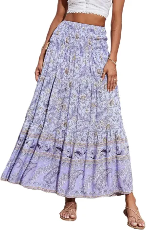 CFLONGE Women's 2025 Bohemian Long Skirts Flowy High Waist A Line Maxi Skirts for Women Summer Pleated Mini Skirts