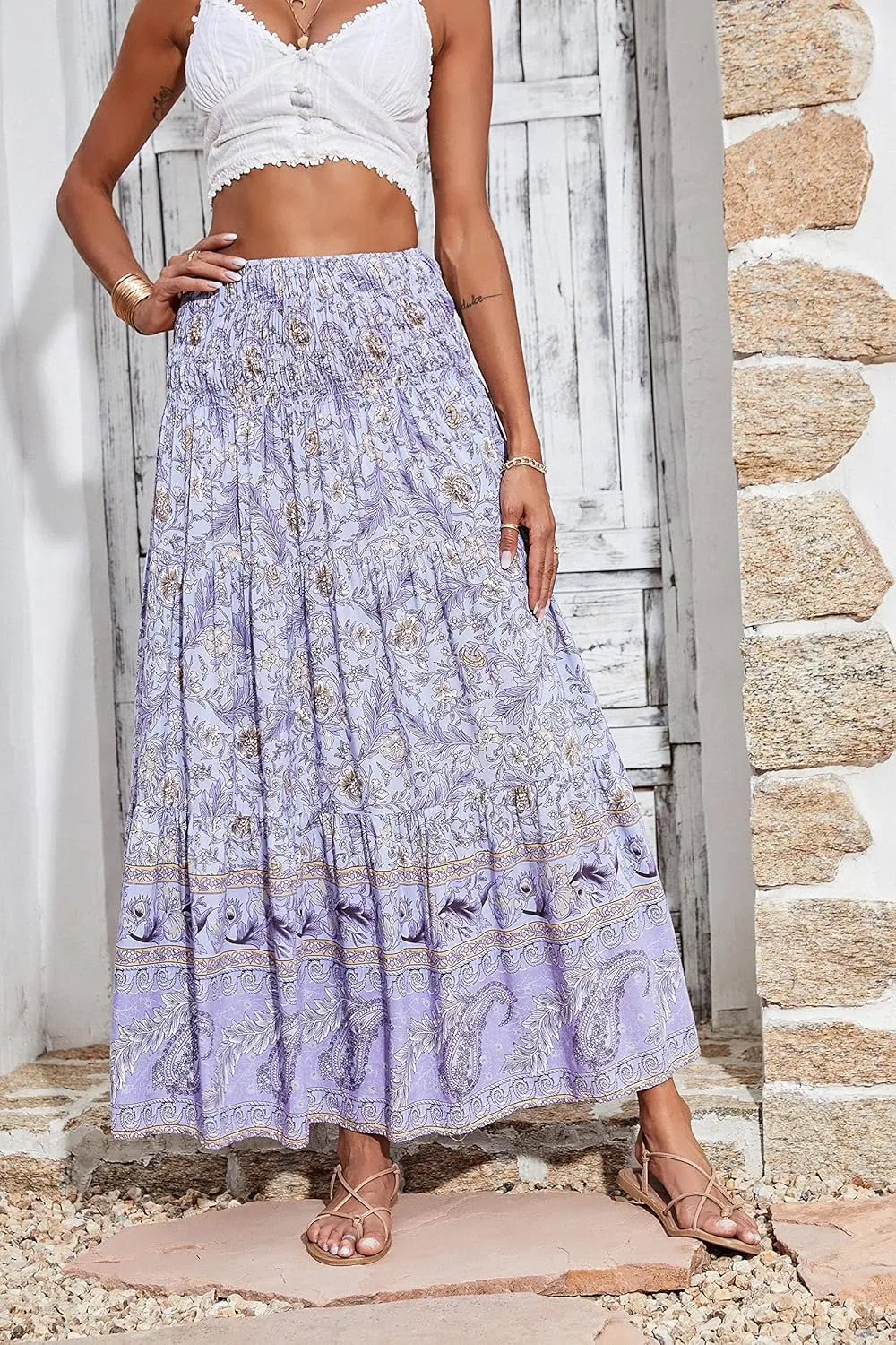 CFLONGE Women's 2025 Bohemian Long Skirts Flowy High Waist A Line Maxi Skirts for Women Summer Pleated Mini Skirts