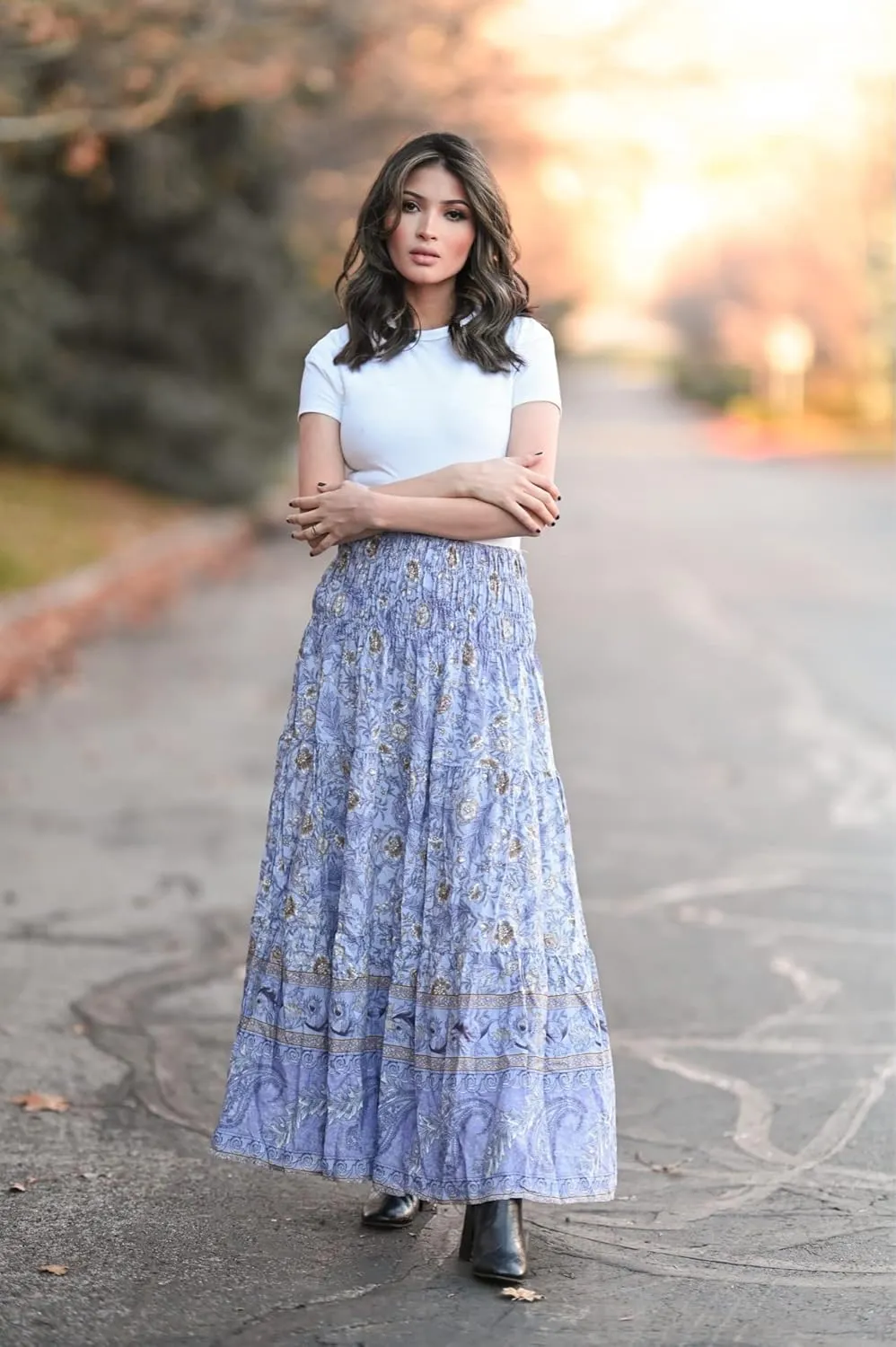 CFLONGE Women's 2025 Bohemian Long Skirts Flowy High Waist A Line Maxi Skirts for Women Summer Pleated Mini Skirts