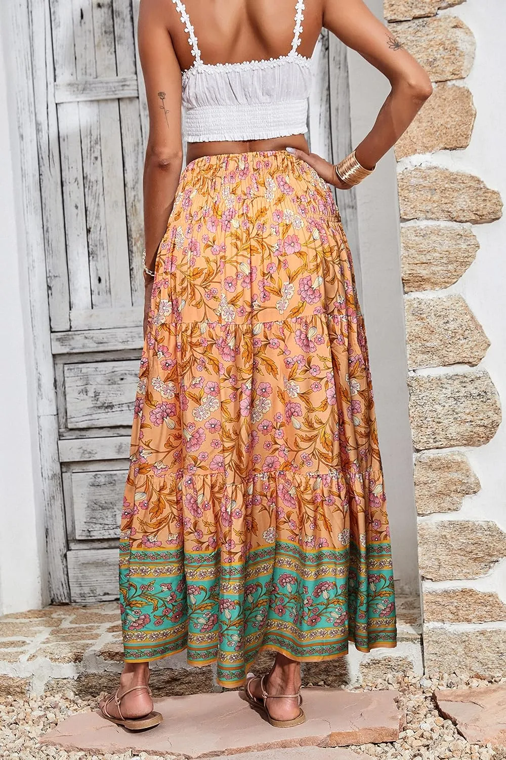 CFLONGE Women's 2025 Bohemian Long Skirts Flowy High Waist A Line Maxi Skirts for Women Summer Pleated Mini Skirts