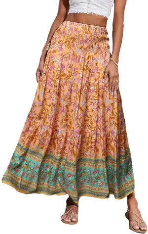 CFLONGE Women's 2025 Bohemian Long Skirts Flowy High Waist A Line Maxi Skirts for Women Summer Pleated Mini Skirts