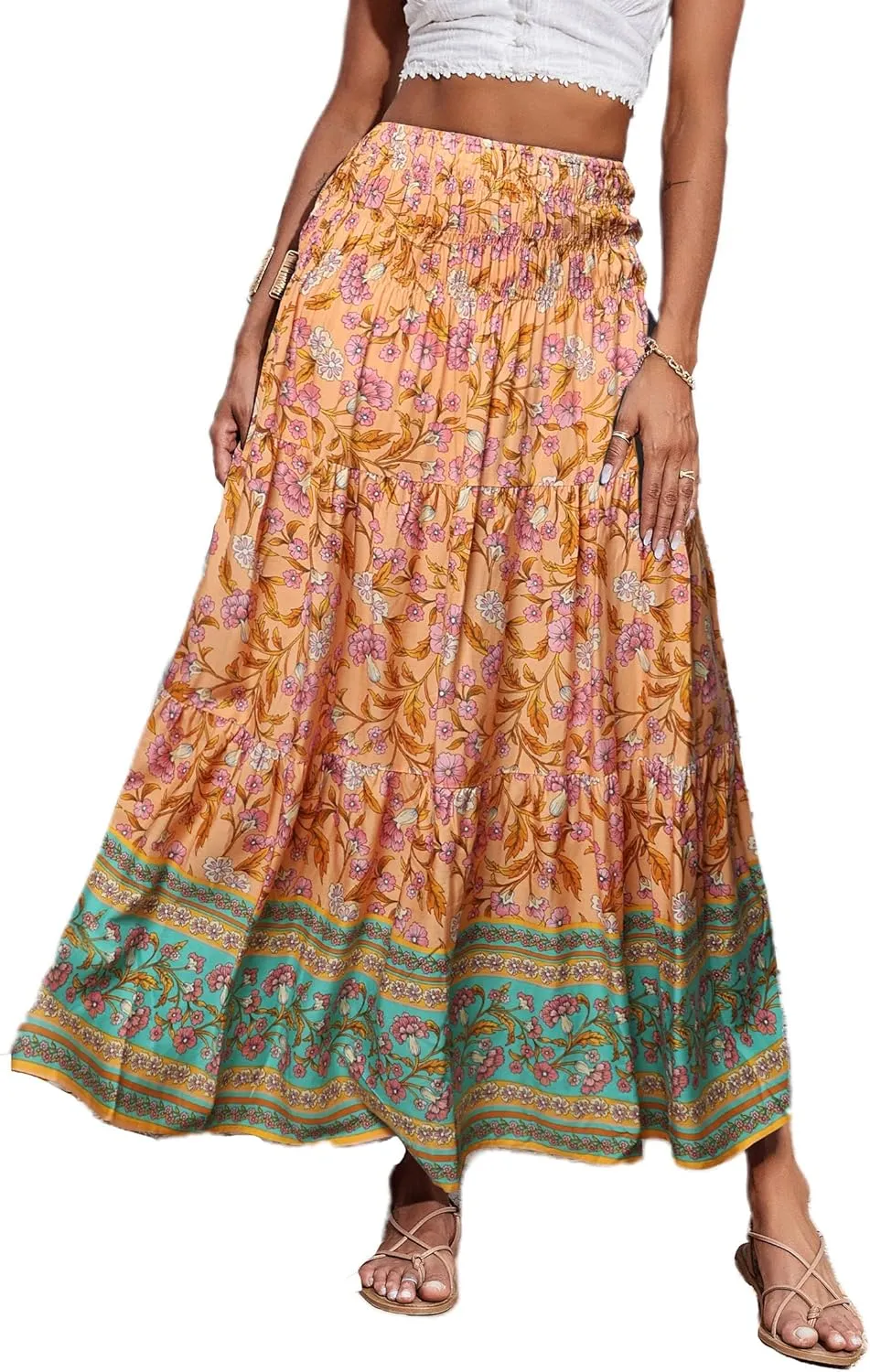CFLONGE Women's 2025 Bohemian Long Skirts Flowy High Waist A Line Maxi Skirts for Women Summer Pleated Mini Skirts