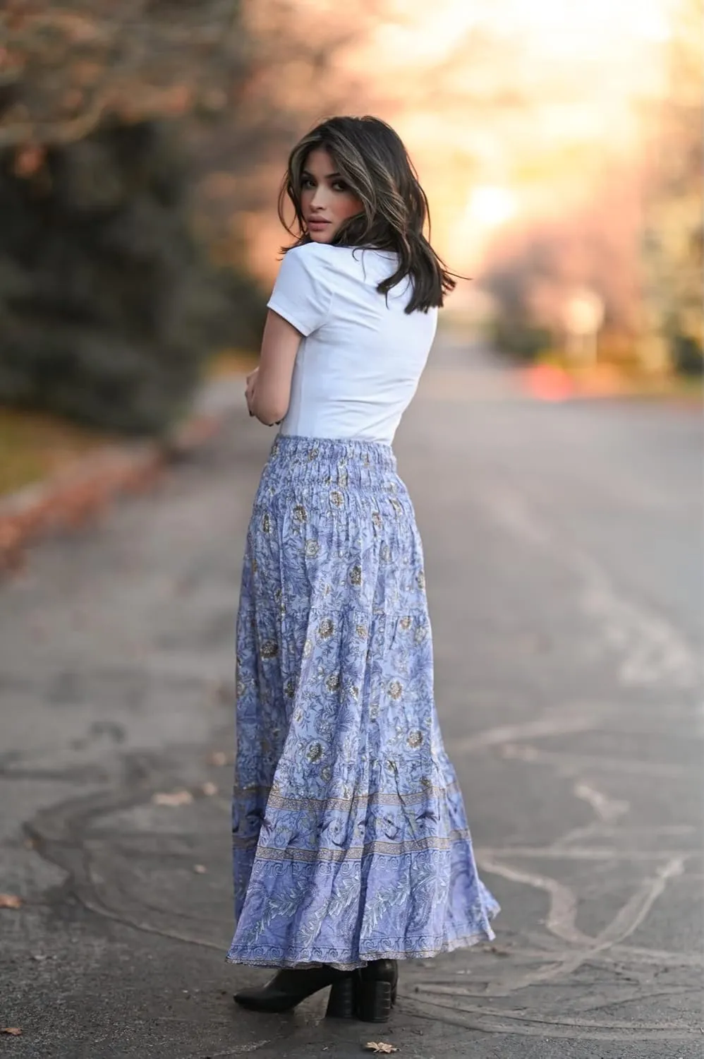 CFLONGE Women's 2025 Bohemian Long Skirts Flowy High Waist A Line Maxi Skirts for Women Summer Pleated Mini Skirts