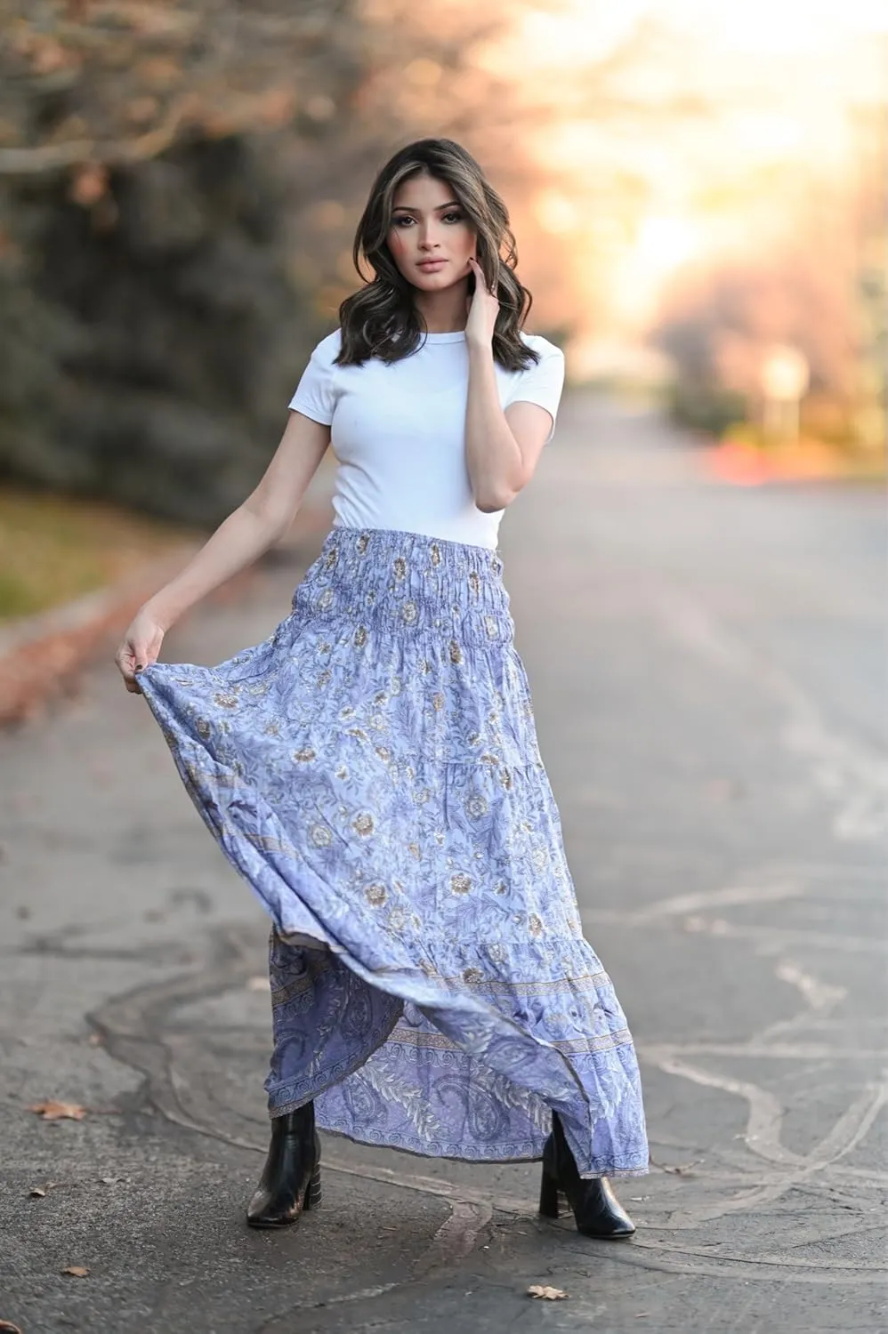 CFLONGE Women's 2025 Bohemian Long Skirts Flowy High Waist A Line Maxi Skirts for Women Summer Pleated Mini Skirts