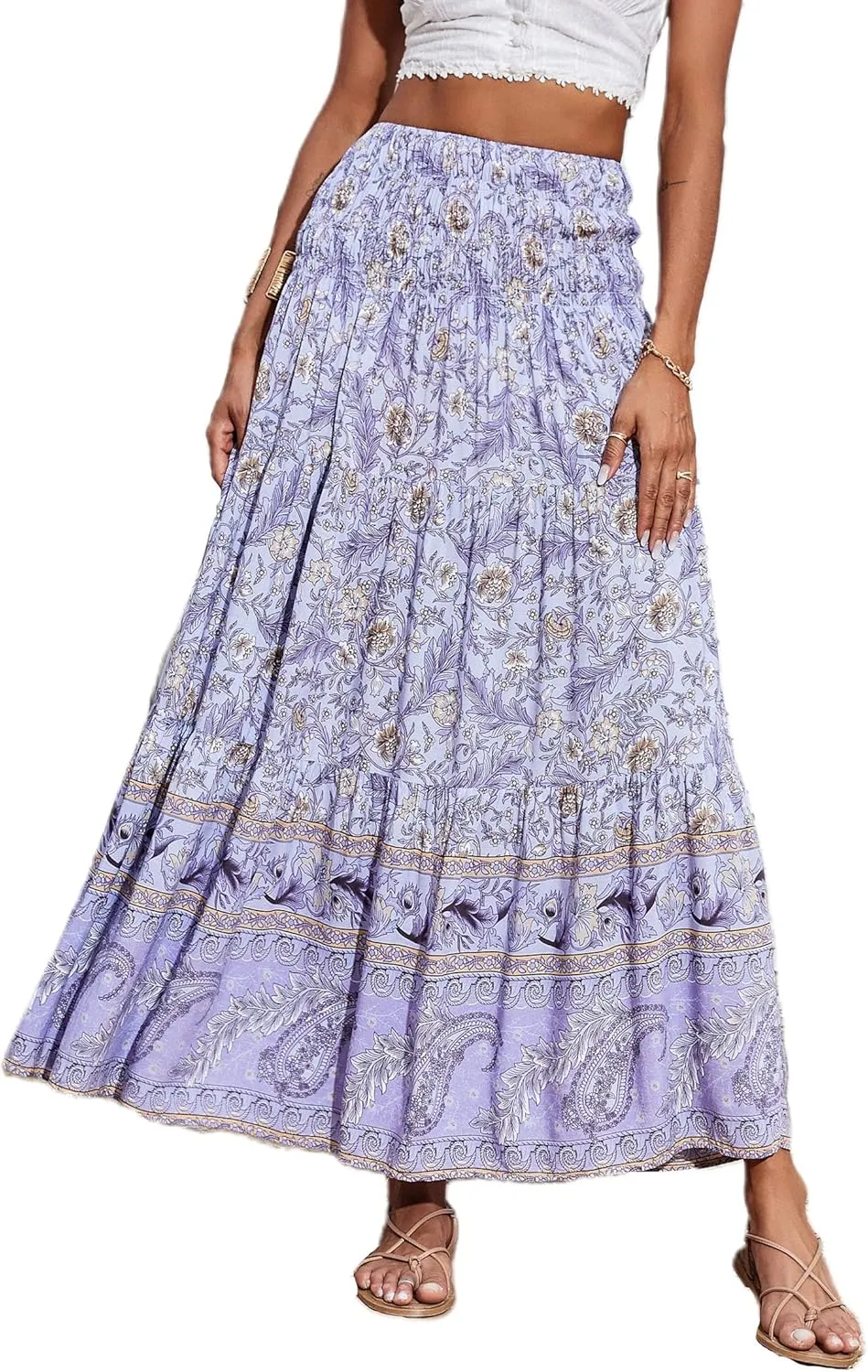 CFLONGE Women's 2025 Bohemian Long Skirts Flowy High Waist A Line Maxi Skirts for Women Summer Pleated Mini Skirts