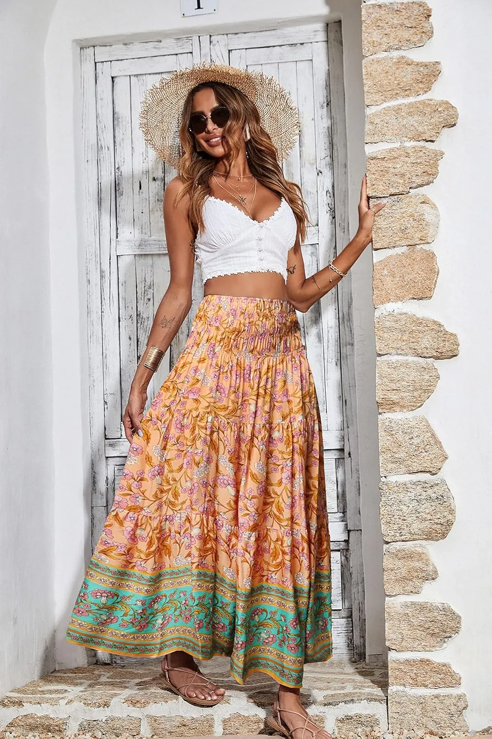 CFLONGE Women's 2025 Bohemian Long Skirts Flowy High Waist A Line Maxi Skirts for Women Summer Pleated Mini Skirts