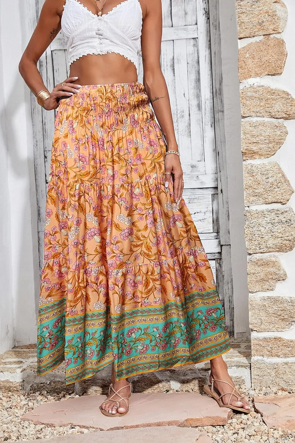 CFLONGE Women's 2025 Bohemian Long Skirts Flowy High Waist A Line Maxi Skirts for Women Summer Pleated Mini Skirts