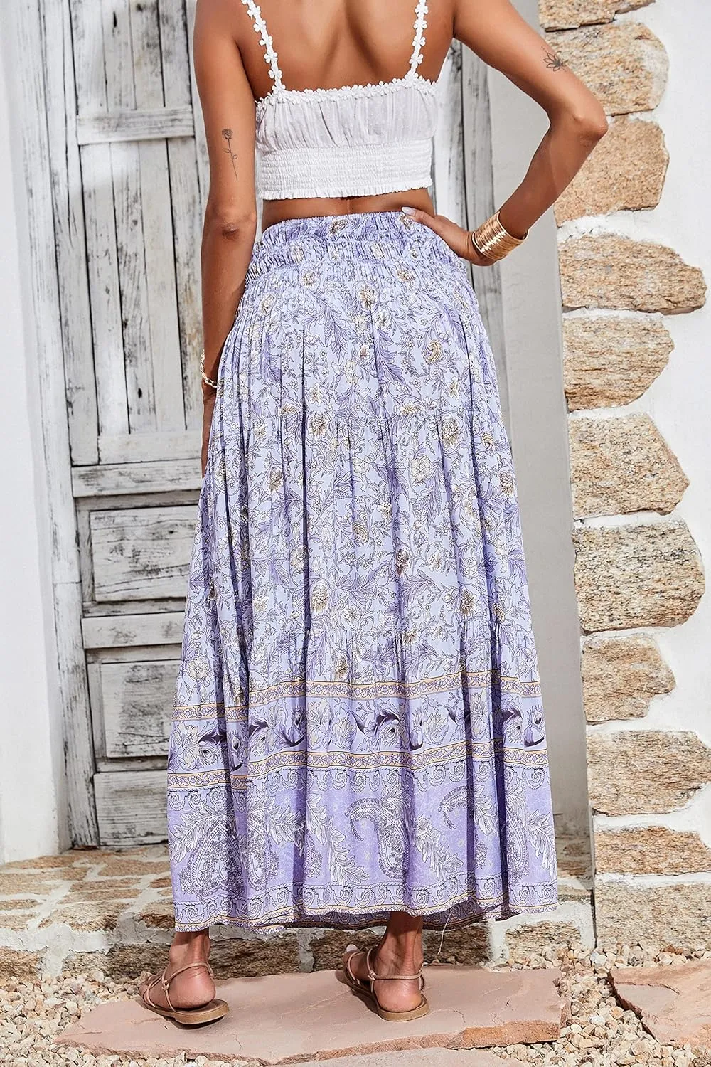 CFLONGE Women's 2025 Bohemian Long Skirts Flowy High Waist A Line Maxi Skirts for Women Summer Pleated Mini Skirts