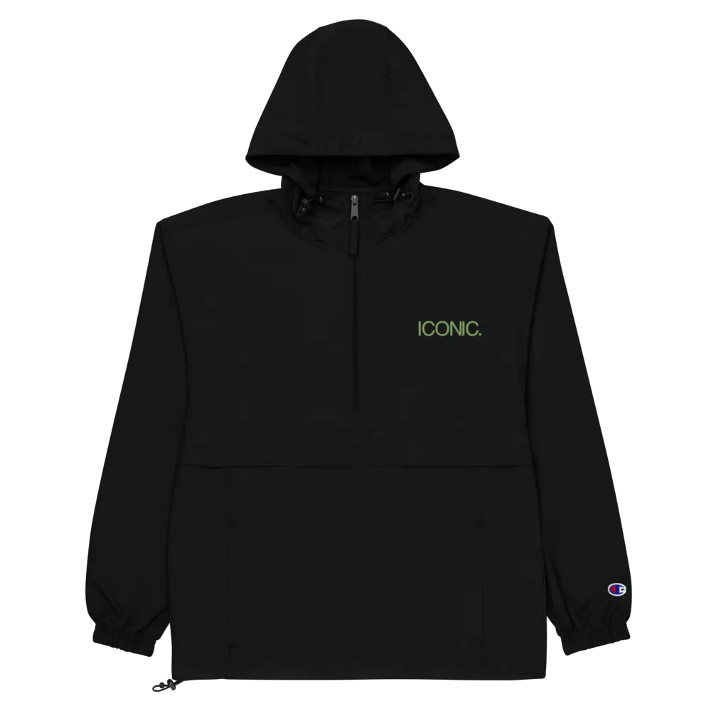 CHAMPION   ROYAL ICONIC. | Embroidered Logo Unisex Hooded Packable Windbreaker Lite Coaches Jacket Black w/ Kiwi Green Logo