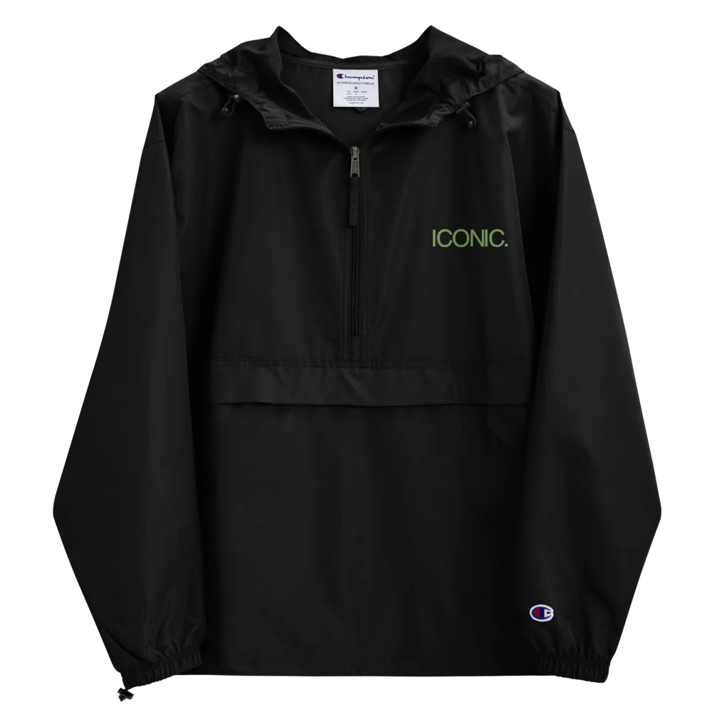 CHAMPION   ROYAL ICONIC. | Embroidered Logo Unisex Hooded Packable Windbreaker Lite Coaches Jacket Black w/ Kiwi Green Logo