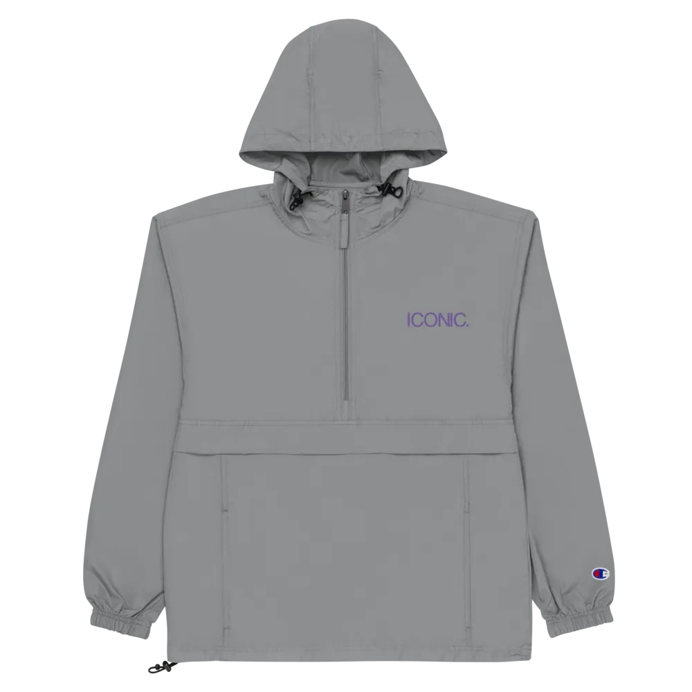 CHAMPION   ROYAL ICONIC. | Embroidered Logo Unisex Hooded Packable Windbreaker Lite Coaches Jacket Graphite Grey w/ Purple Logo