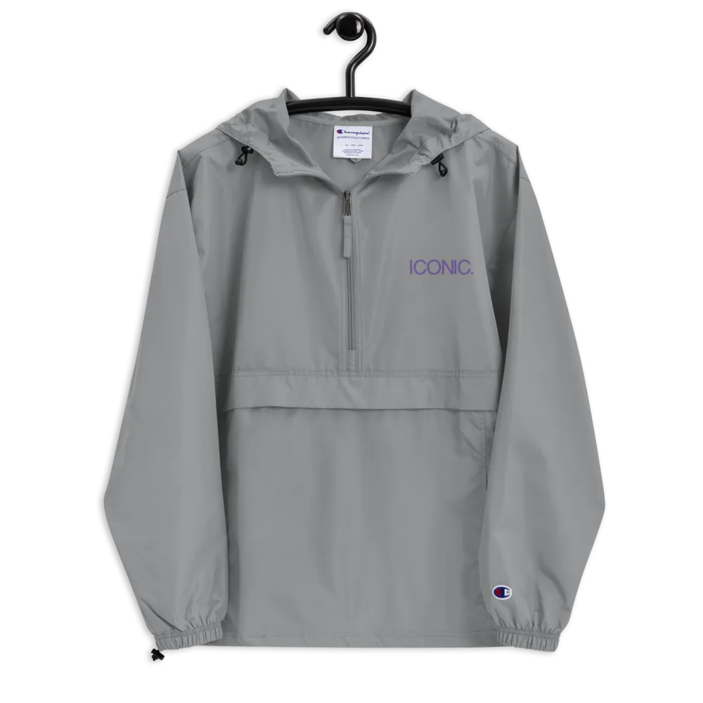 CHAMPION   ROYAL ICONIC. | Embroidered Logo Unisex Hooded Packable Windbreaker Lite Coaches Jacket Graphite Grey w/ Purple Logo