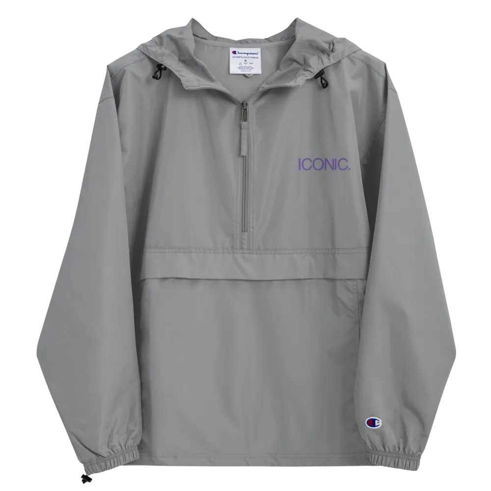 CHAMPION   ROYAL ICONIC. | Embroidered Logo Unisex Hooded Packable Windbreaker Lite Coaches Jacket Graphite Grey w/ Purple Logo
