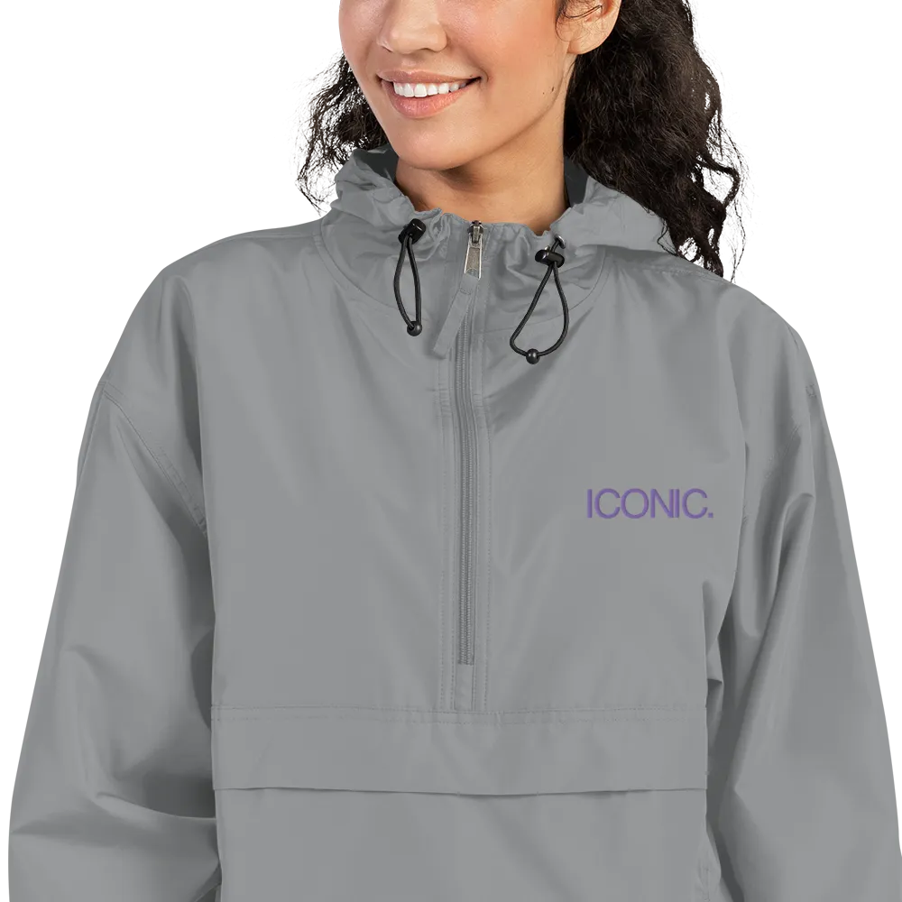 CHAMPION   ROYAL ICONIC. | Embroidered Logo Unisex Hooded Packable Windbreaker Lite Coaches Jacket Graphite Grey w/ Purple Logo