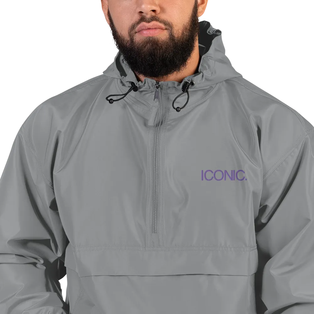CHAMPION   ROYAL ICONIC. | Embroidered Logo Unisex Hooded Packable Windbreaker Lite Coaches Jacket Graphite Grey w/ Purple Logo